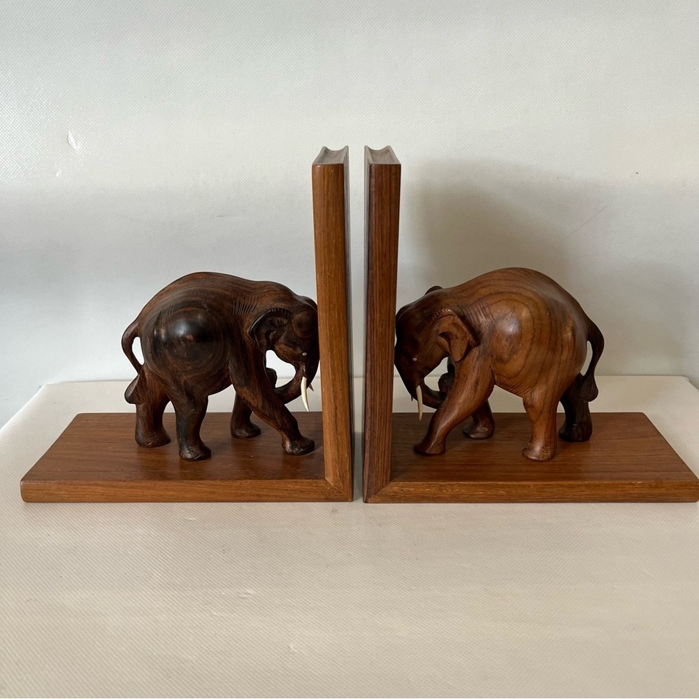 Vintage Elephant Carved Wood Bookends